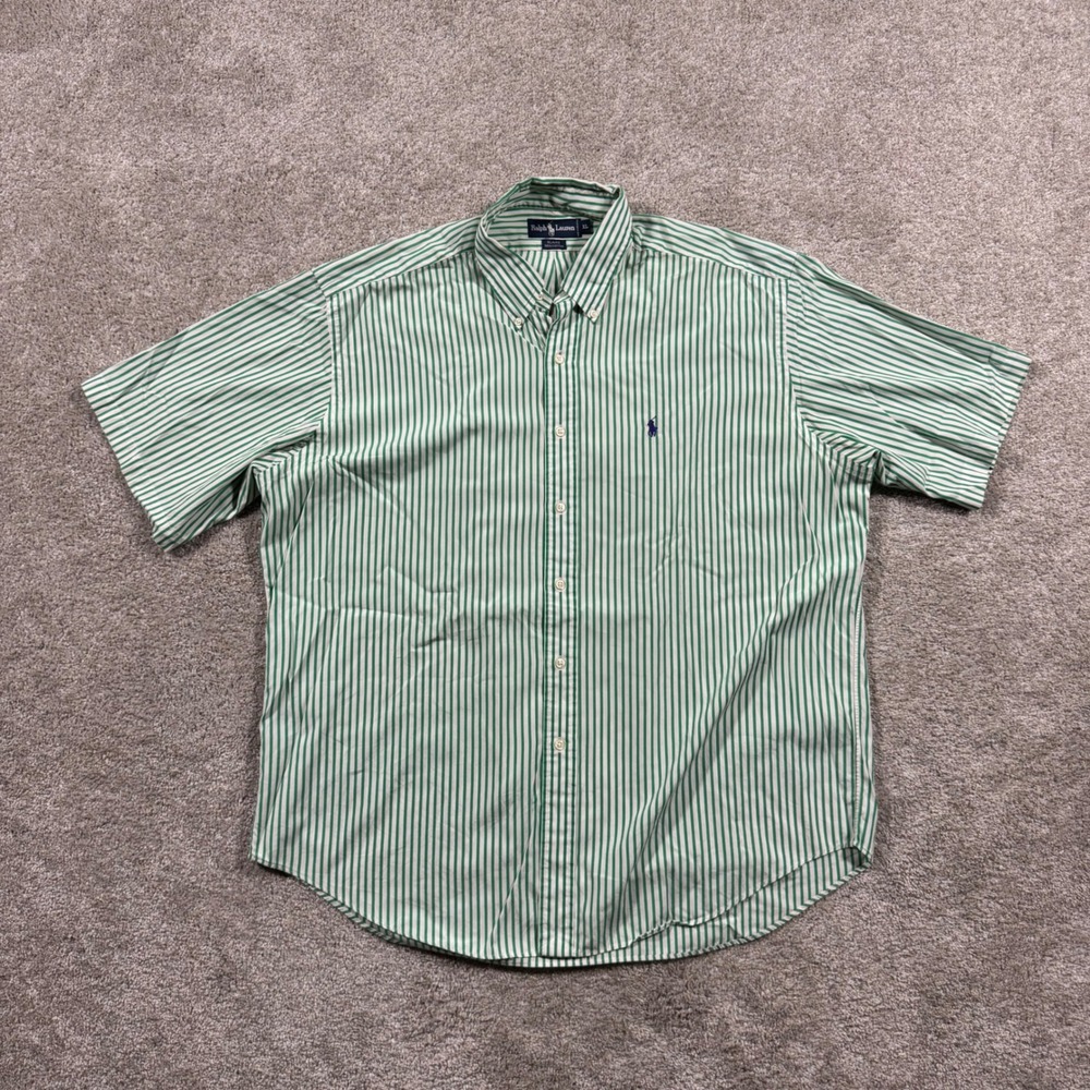Polo Ralph Lauren Blaire Shirt Men XL Green White Striped Short Sleeve Button Up